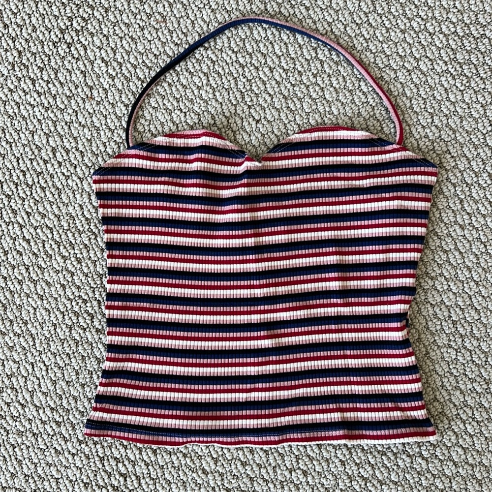 Reformation Pink Black and White Striped Ribbed Halter Tank